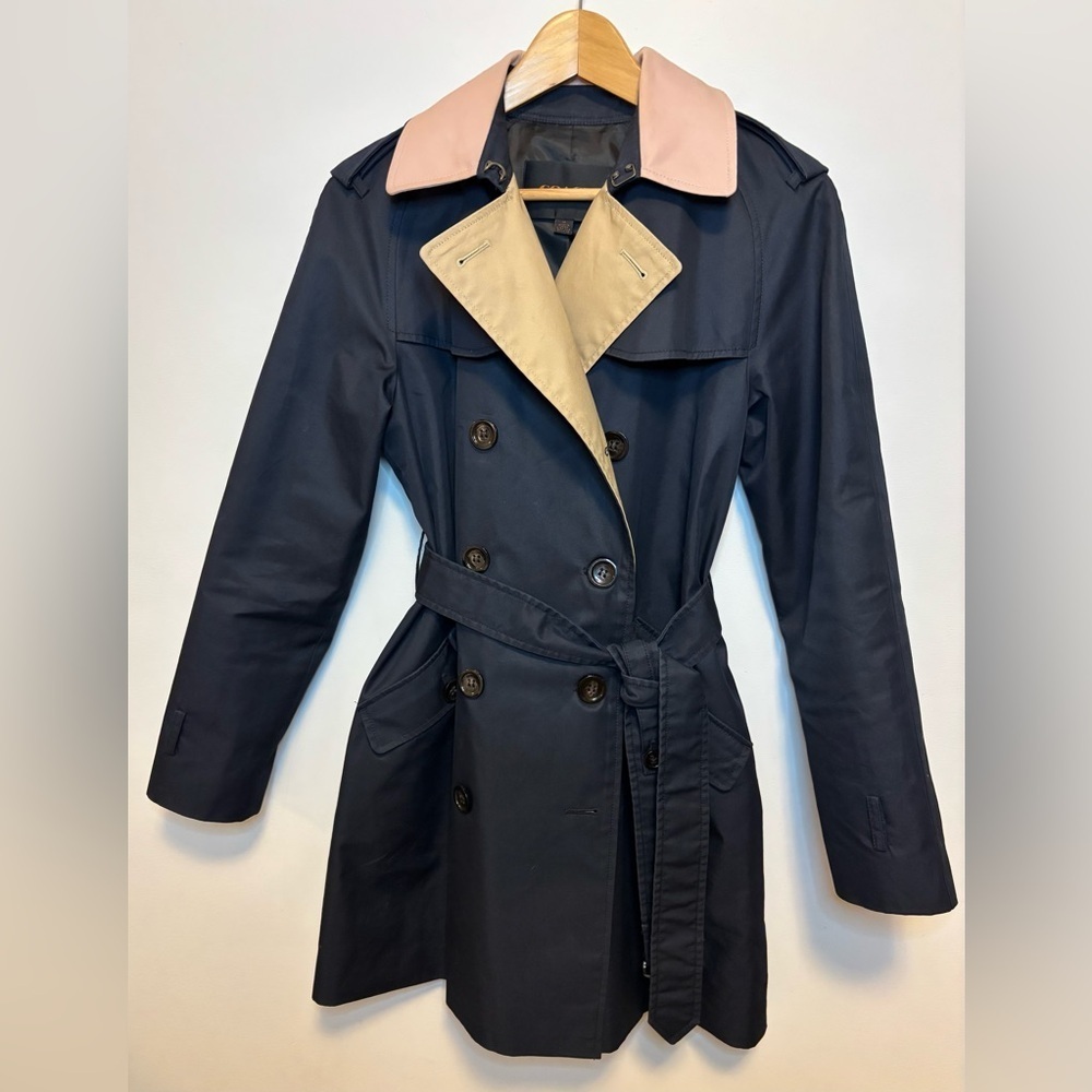 Women’s Double-Breasted Trench Coat with Contrast Collar - Navy & Pink